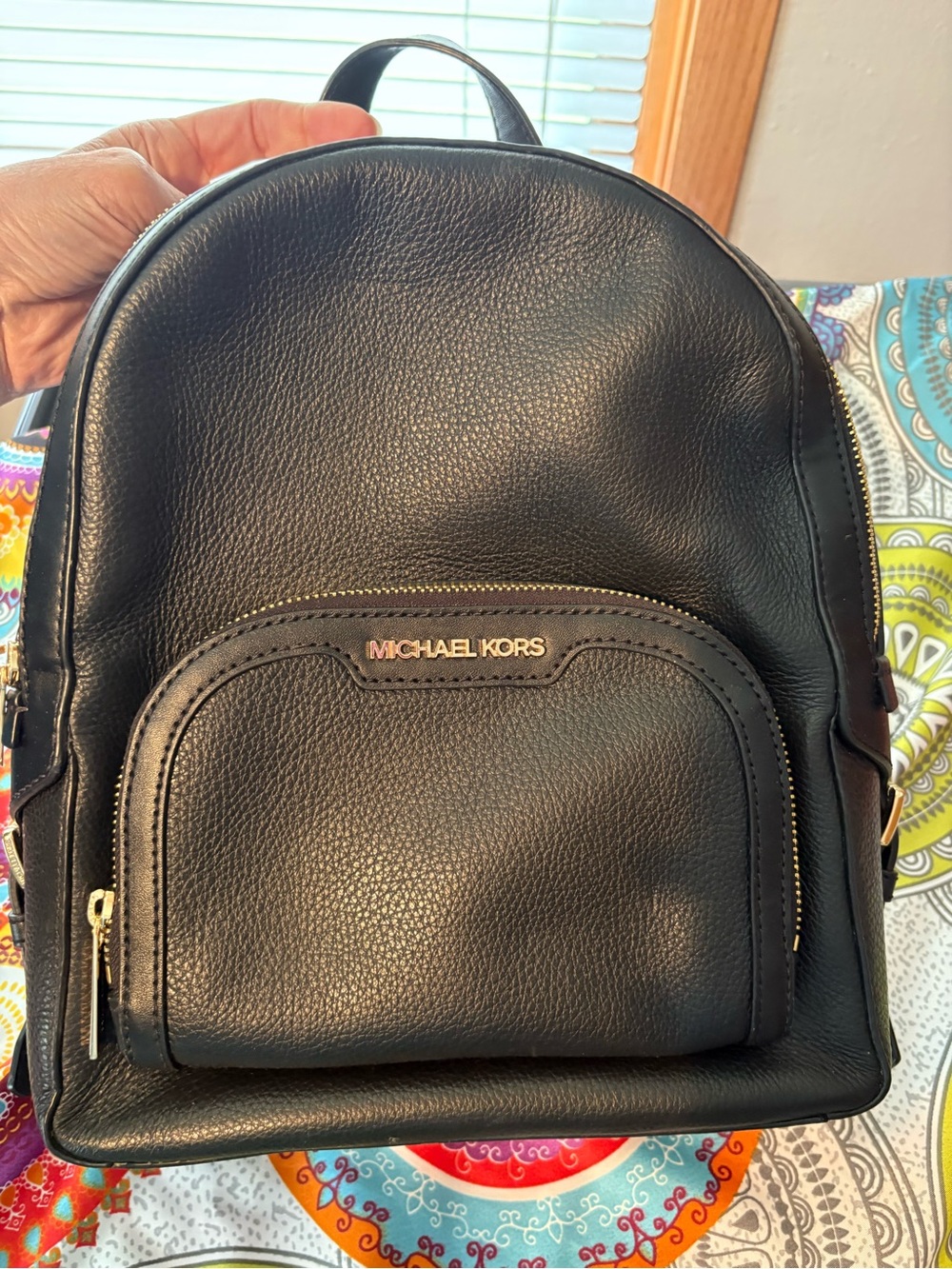 Michael Kors Black Pebbled Leather Backpack with Gold Hardware